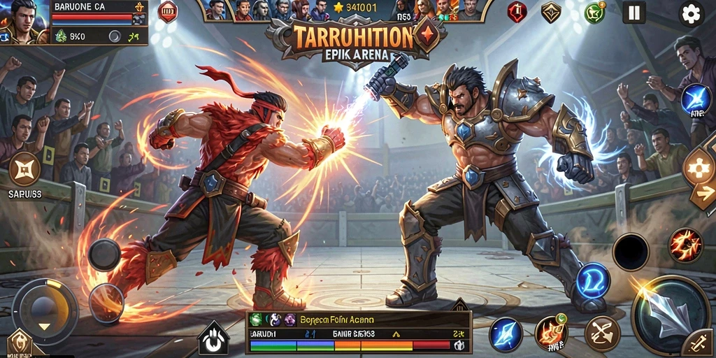 Screenshot utama BARU01 menampilkan aksi pertarungan yang mendebarkan di arena.