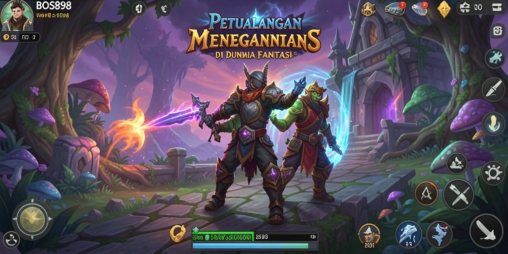 Tampilan karakter yang berani dan lingkungan fantasi yang memukau.
