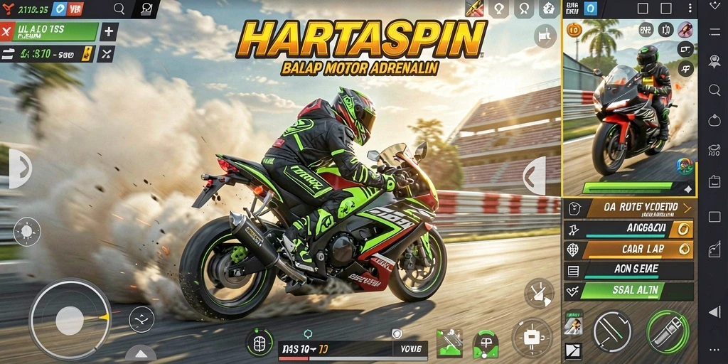 Screenshot HARTASPIN menampilkan momen balap motor yang mendebarkan dan penuh aksi.