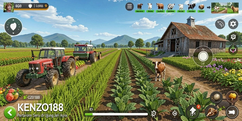 Tampilan gameplay menakjubkan di KENZO188 yang menunjukkan aktivitas bertani.