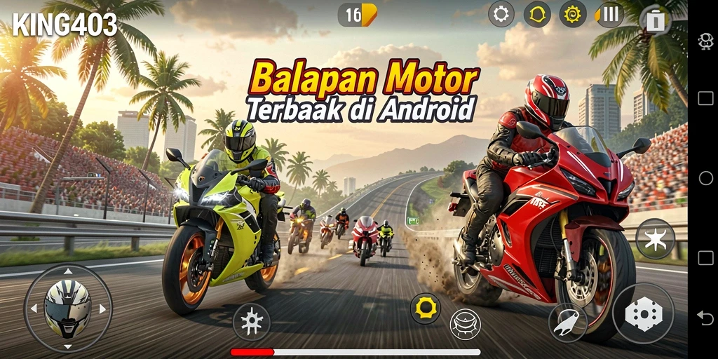 Gameplay mendebarkan dari KING403 dengan aksi balapan motor yang seru.