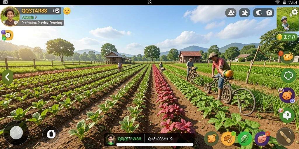 Tampilan screenshot gameplay QQSTAR88 yang menampilkan suasana bertani yang ceria dan aktif.